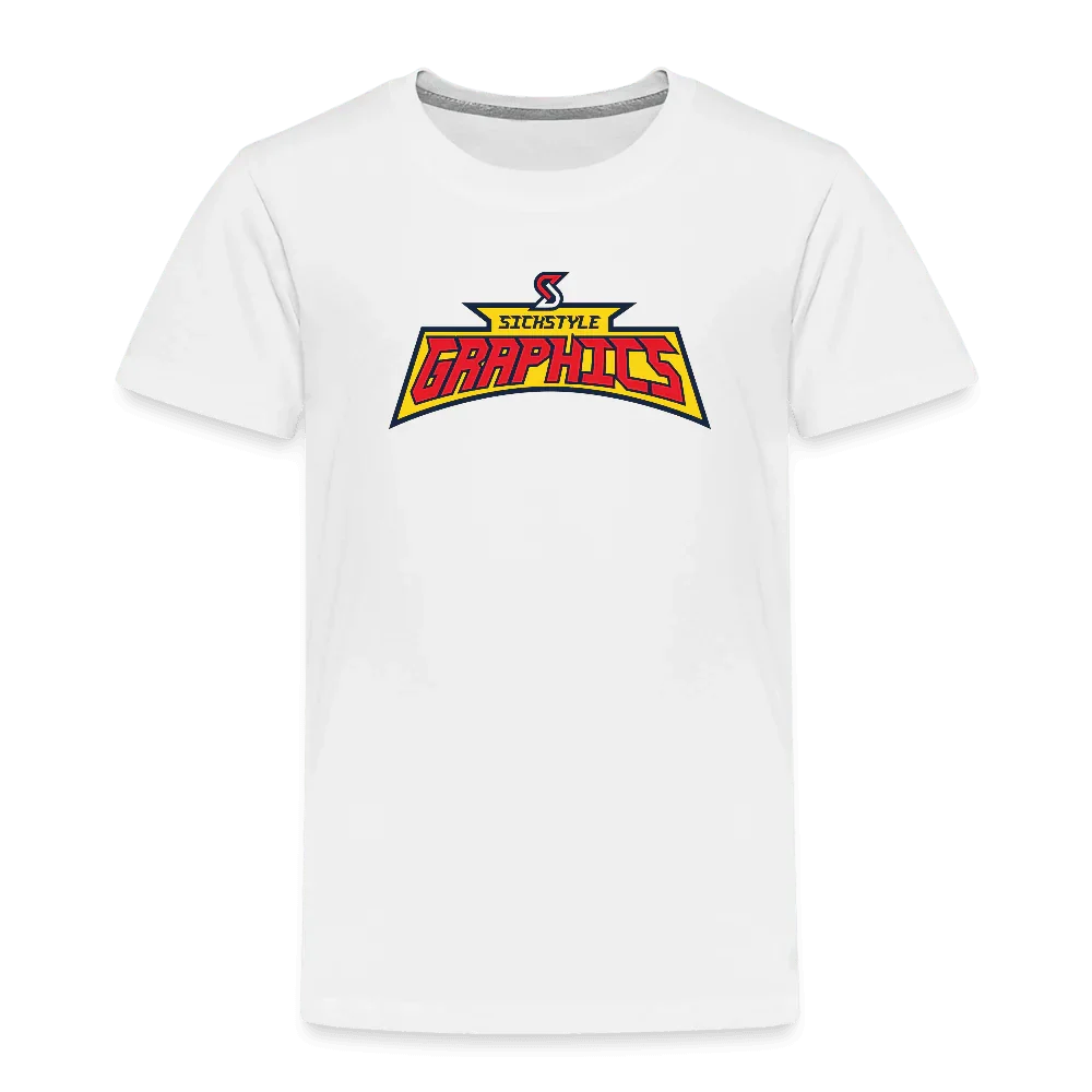 Weißes Kinder-T-Shirt aus Baumwolle mit farbigem „Sickstyle Graphics“ Logo-Print.