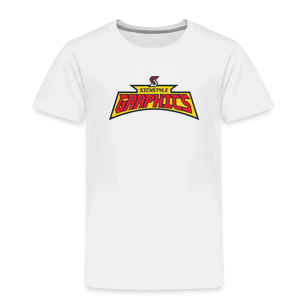Weißes Kinder-T-Shirt aus Baumwolle mit farbigem „Sickstyle Graphics“ Logo-Print.