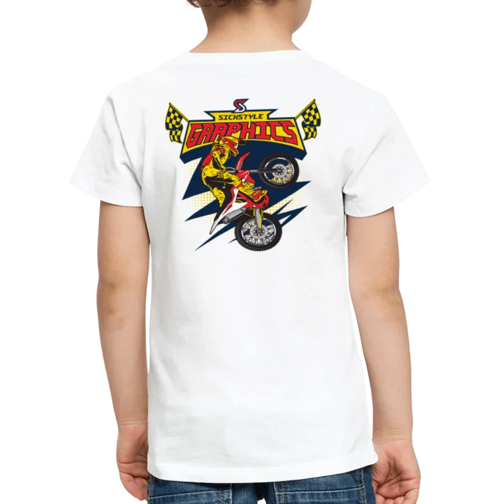Weißes Kinder T-Shirt mit farbigem Motocross-Fahrer und “Sicherstyle Graphics” Logo.