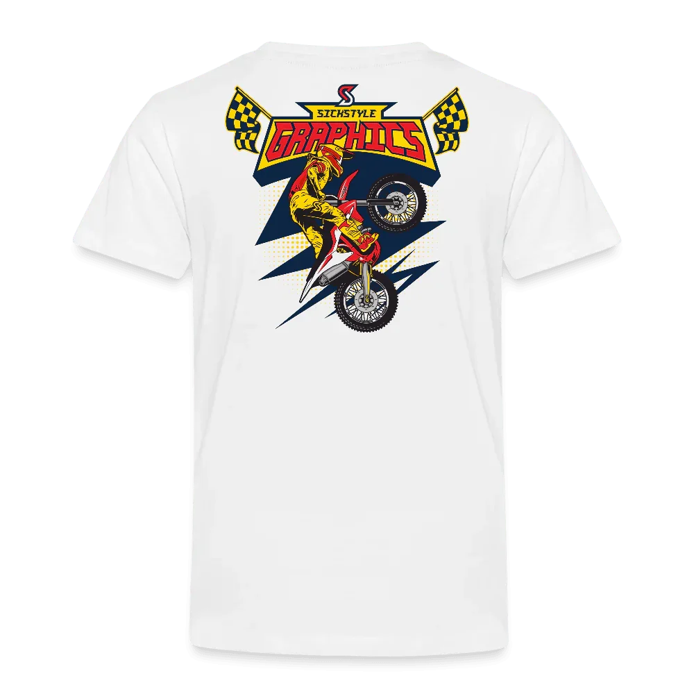Weißes Kinder-T-Shirt mit farbigem Motocross-Fahrer und “GRAPHICS” Aufdruck, umgeben von Zielflaggen.