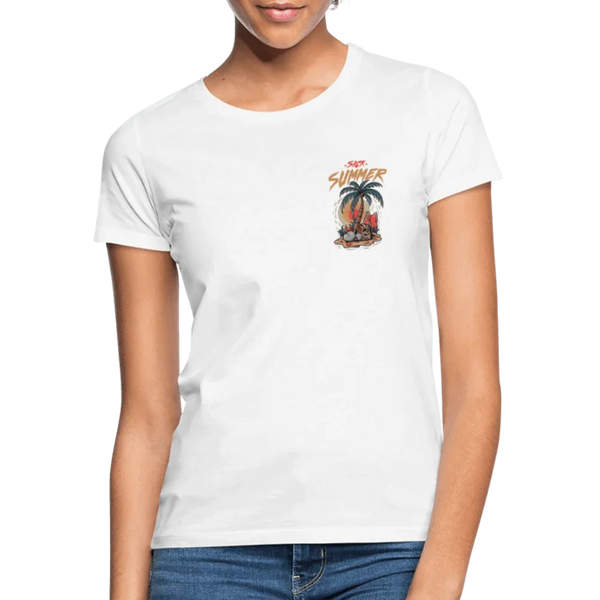 Weißes Damen T-Shirt aus Baumwolle mit “Sick Summer” Palmen-Print auf der Brust.