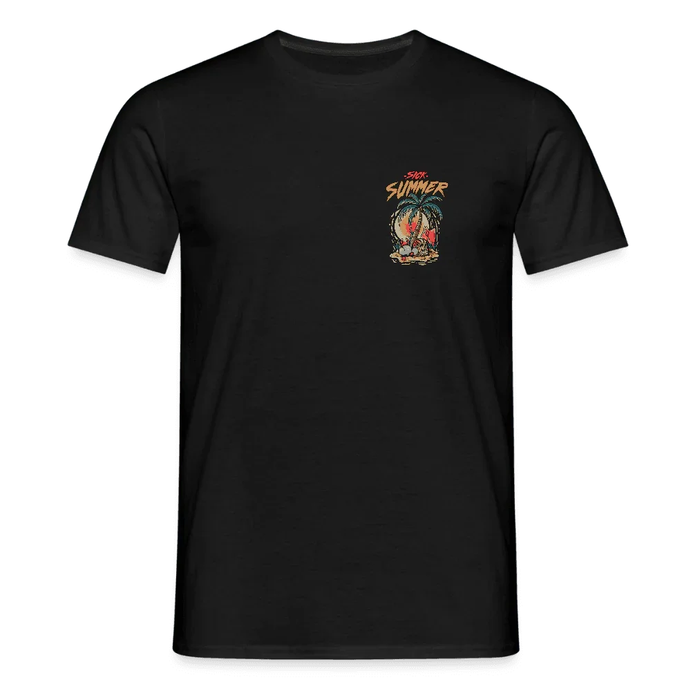 Camiseta negra para hombre con pequeño logo “Sick Summer” de palmeras y puesta de sol en el pecho.