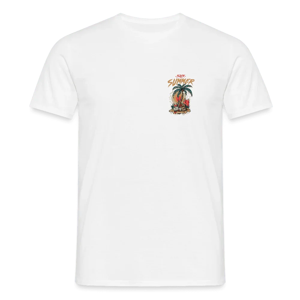 Camiseta blanca para hombre de algodón con pequeño logo de palmeras “Sick Summer” en color en el pecho.