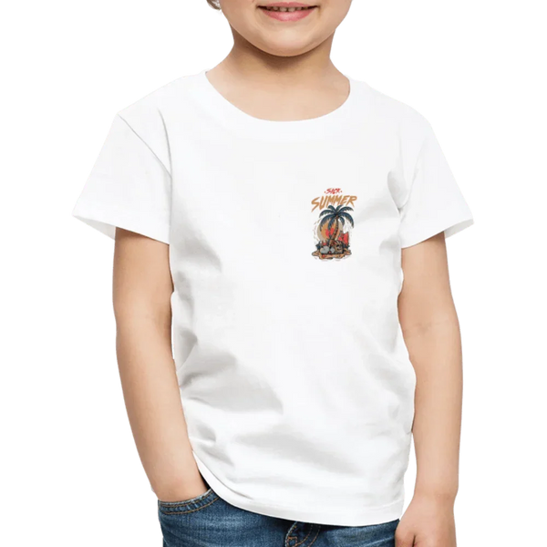 Weißes Kinder T-Shirt mit kleinem “Sick Summer” Strand- und Palmen-Design auf der Brust.