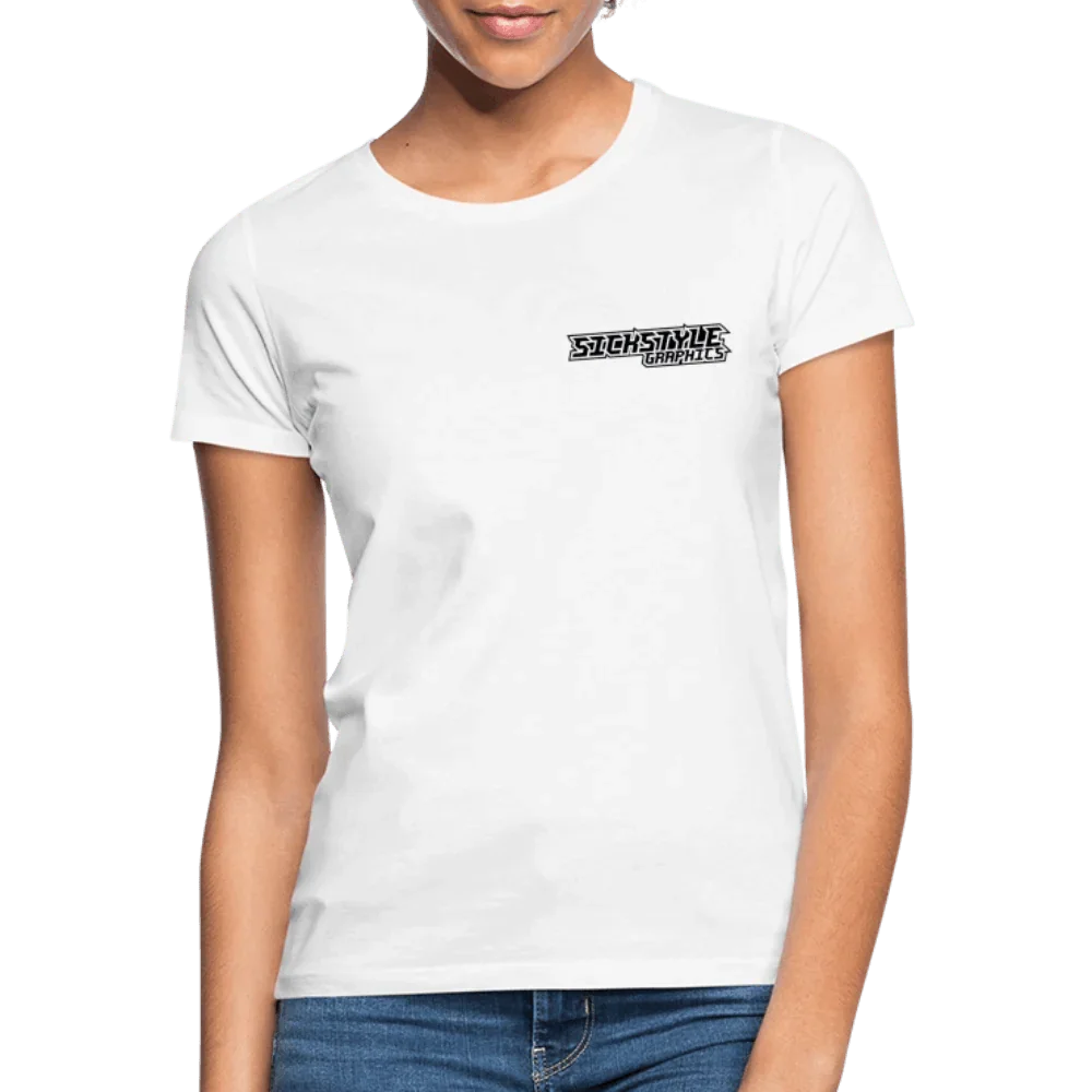 T-shirt bianco da donna con scollo rotondo e logo “SICKSTYLE GRAPHICS” nero.