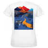 T-shirt blanc pour femme avec imprimé coloré montagne et aventure moto au dos.