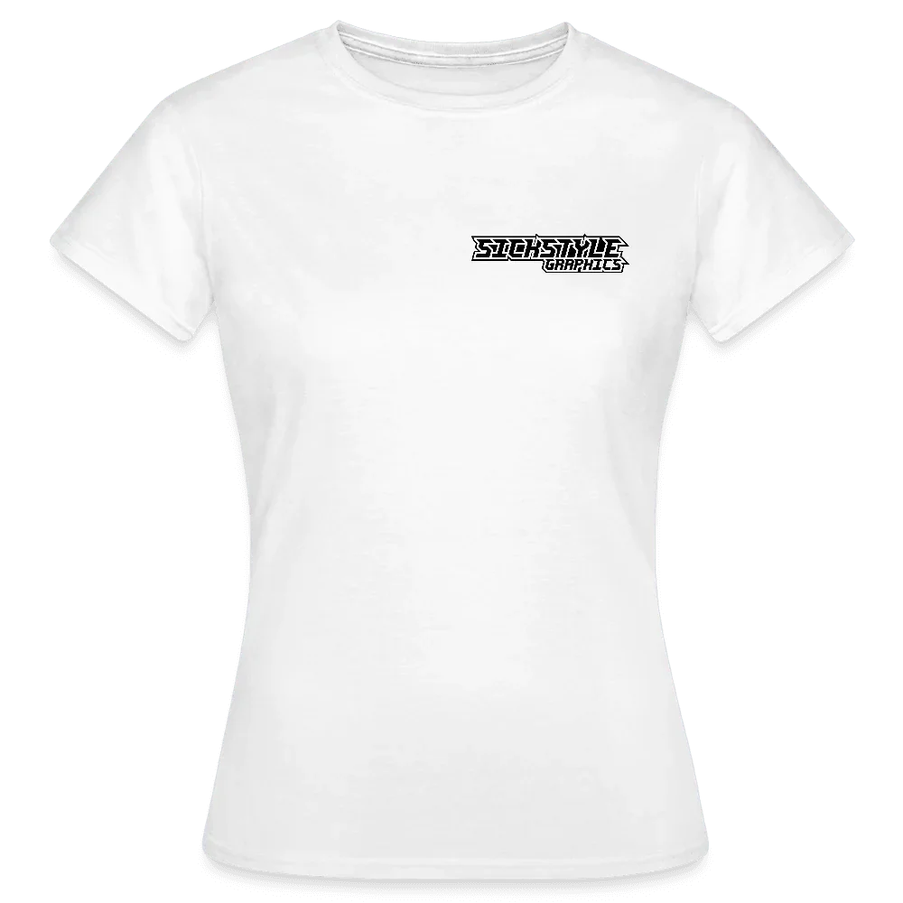 T-shirt bianco da donna con logo “SICKSTYLE GRAPHICS” nero sul petto, girocollo, maniche corte.