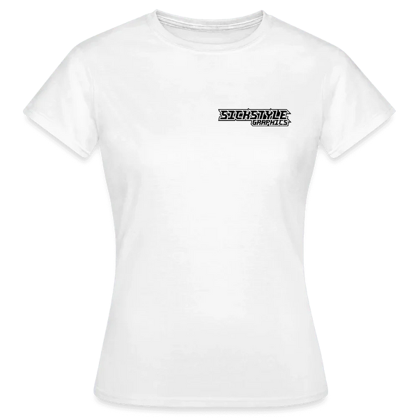 Weißes Damen T-Shirt mit schwarzem “SICKSTYLE GRAPHICS” Logo auf der Brust, Rundhalsausschnitt, kurze Ärmel.