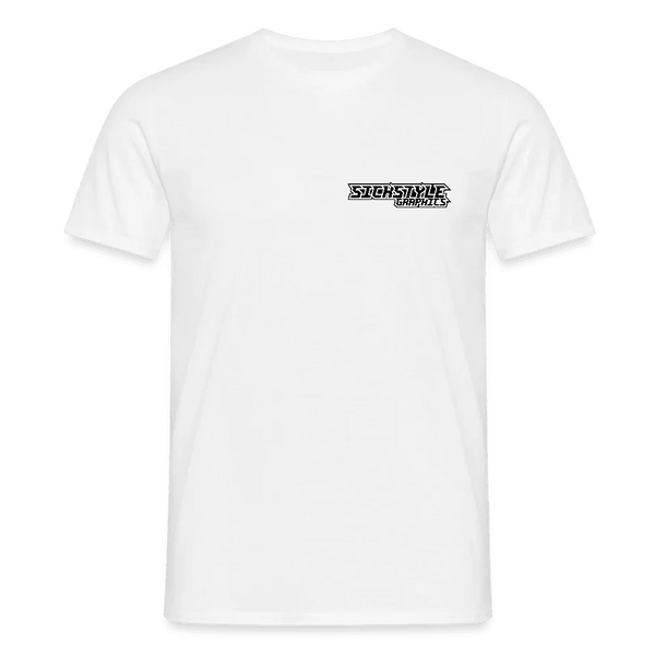 T-shirt blanc pour homme en coton avec logo “SICKSTYLE CAMARADES” noir sur la poitrine.