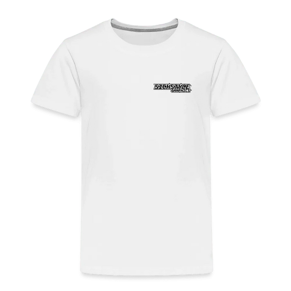 Weißes Kinder-T-Shirt aus Baumwolle mit kleinem, schwarzem “SICKSTYLE GARAGE” Logo auf der Brust.