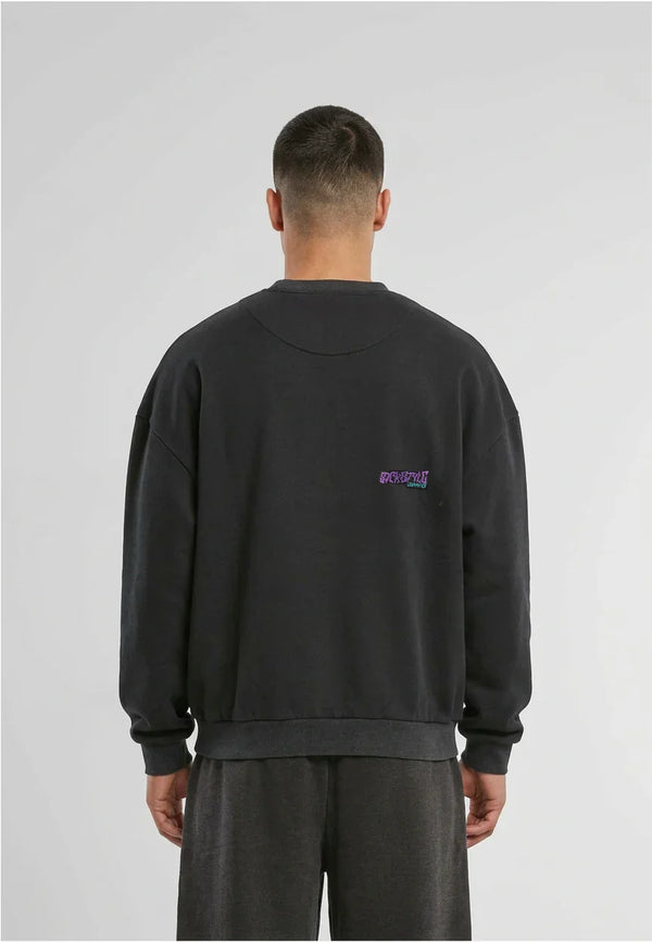Pull vintage pour homme en anthracite avec logo “SICKSTYLE” violet au dos.