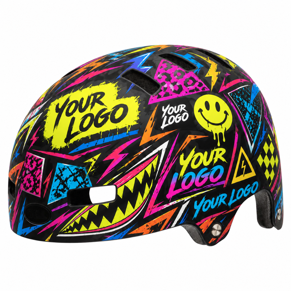 Designvisualisierung: Skate- und BMX-Helm-Aufkleber Anti Normal mit neonfarbenen Sticker-Bomb-Motiven und Logo-Platzhaltern.