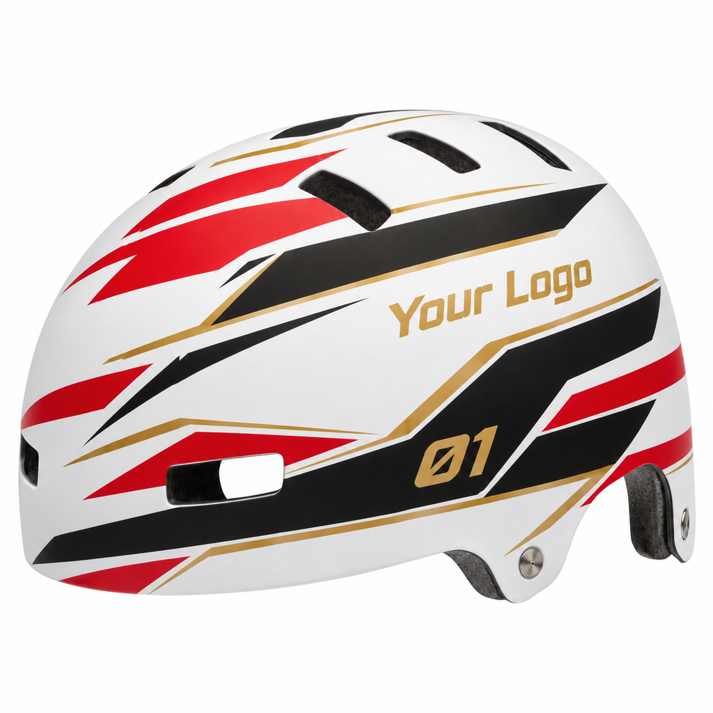 Designvisualisierung: Helm-Aufkleber Clean Stripes mit roten, schwarzen und goldfarbenen Rennstreifen auf weißem Grund auf dem runden Beispielhelm.