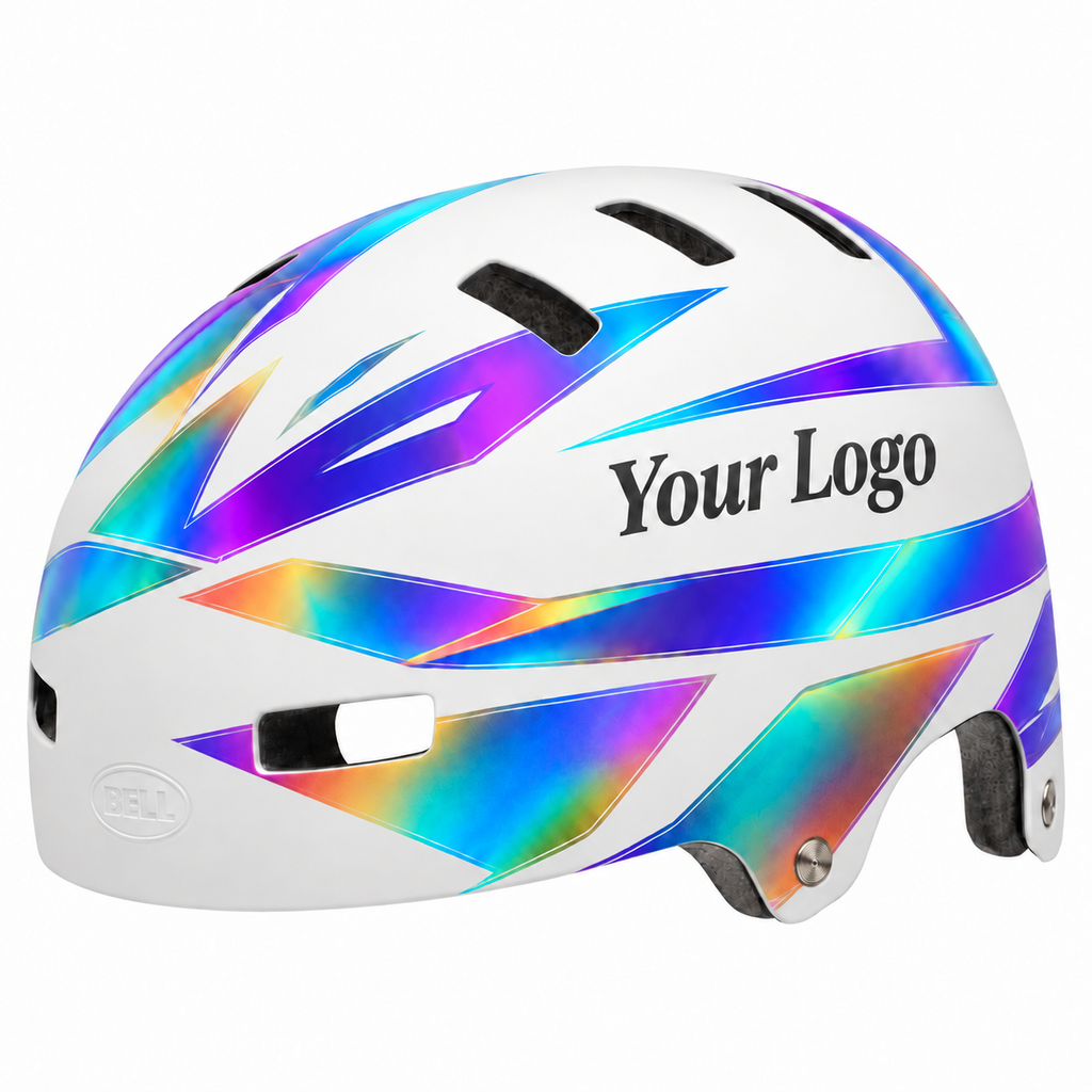 Designvisualisierung: Helm-Aufkleber Elevate Prism mit regenbogenfarbenen Streifen und Logo-Platzhalter auf weißem Grund auf dem runden Beispielhelm.
