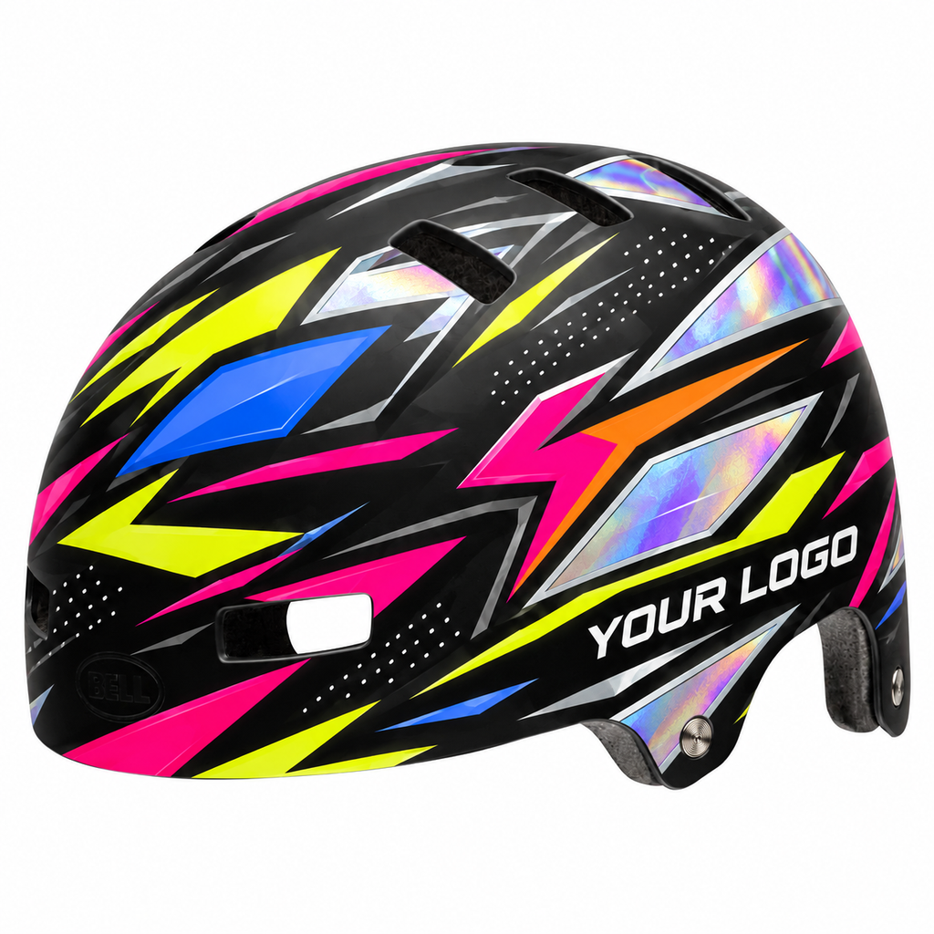 Designvisualisierung: Helm-Aufkleber Neon Race mit pinken, gelben, blauen und prismatischen Grafikflächen auf dem runden Beispielhelm.
