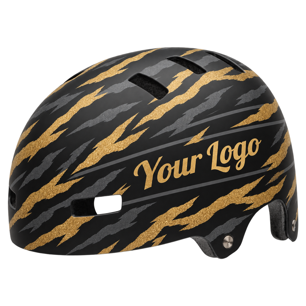Designvisualisierung: Helm-Aufkleber Tiger Lines mit goldfarbenen und grauen Tigerstreifen auf schwarzem Grund auf dem runden Beispielhelm.