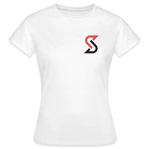 Weißes Damen T-Shirt aus 100% Baumwolle mit kleinem rot-schwarzem “S” Logo auf der Brust.