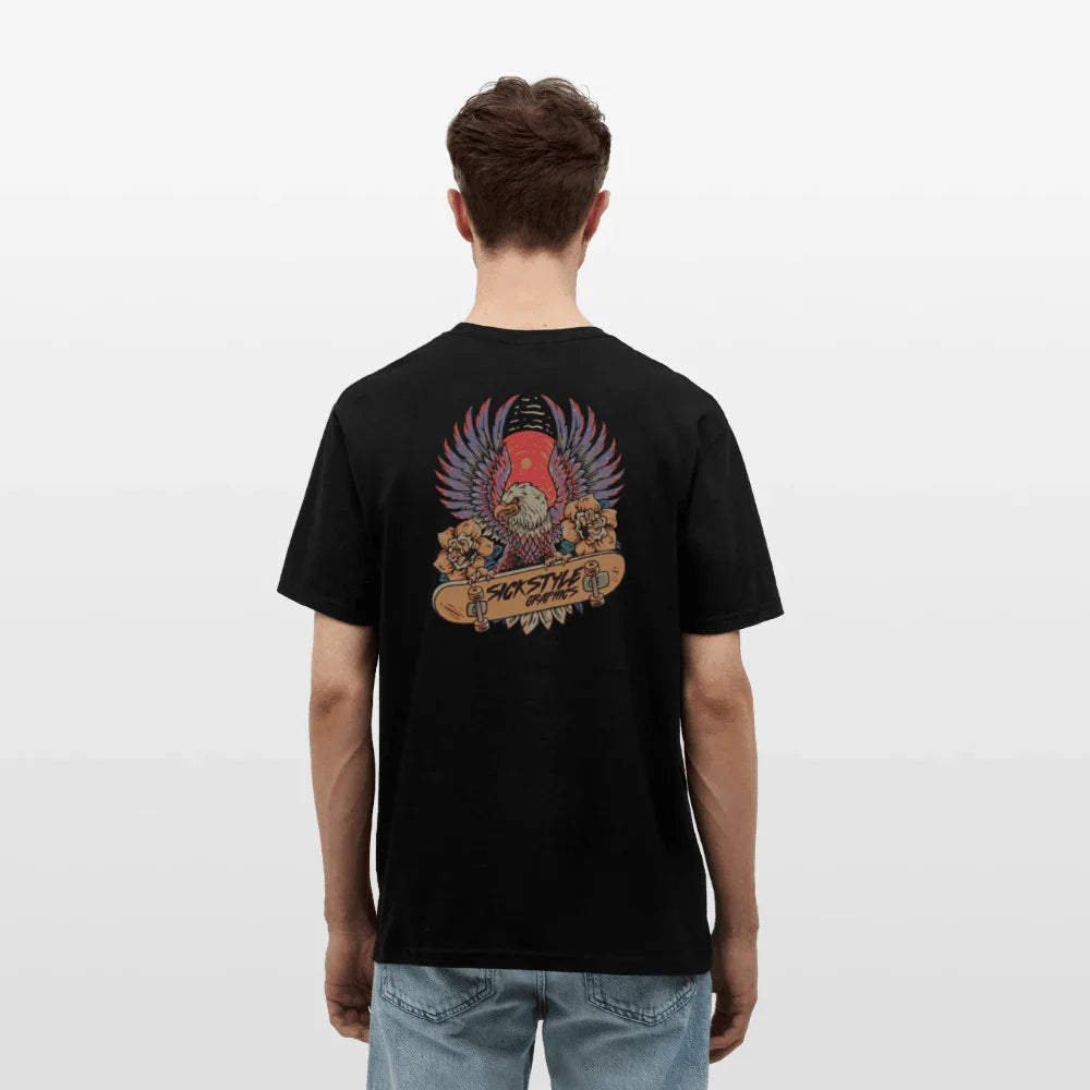 Black men's t-shirt with large, colorful “Skate Eagle” eagle and skateboard print on the back.