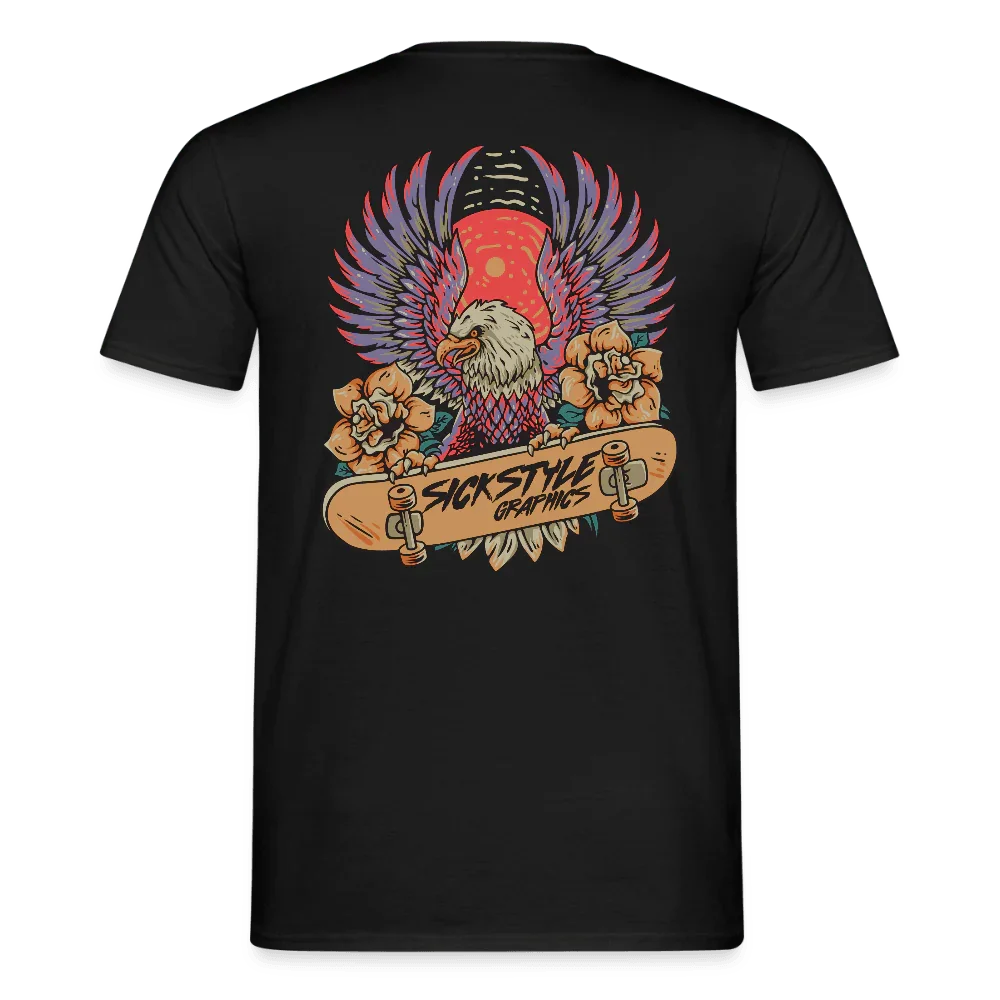 Black men's t-shirt with colorful “Skate Eagle” graphic print: eagle, skateboard and flowers.