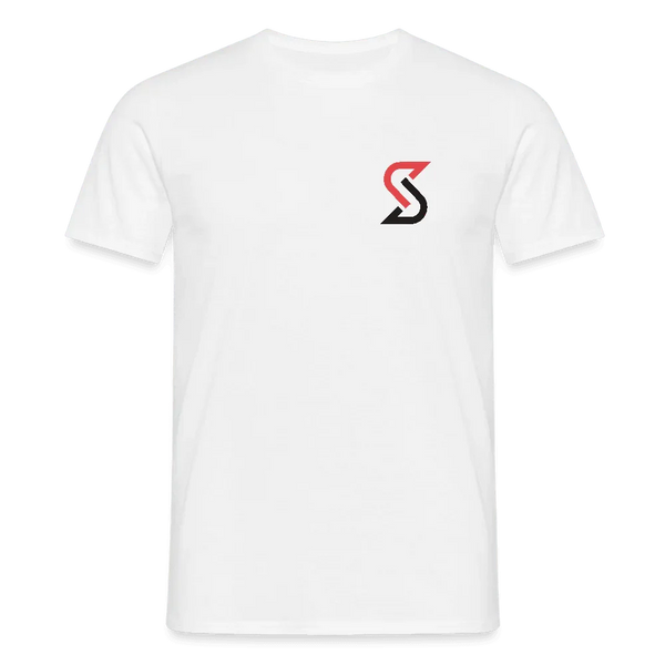 T-shirt blanc pour homme en 100% coton avec petit logo “S” rouge et noir sur la poitrine.