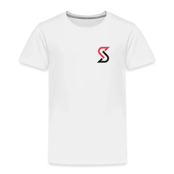 Weißes Kinder T-Shirt aus Baumwolle mit schwarzem und rotem “S” Logo.