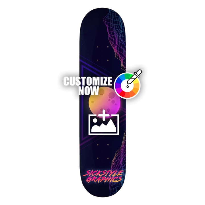Dunkles Skateboard-Deck mit 80er-Jahre-Neon-Design, Mond und Gittermuster, anpassbar.