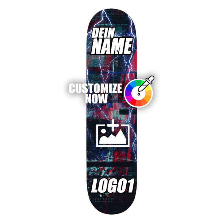 Custom Skateboard Sticker mit verzerrtem roten Design, Blitzen, Textfeldern “DEIN NAME” und “LOGO1” und Anpassungsoptionen.