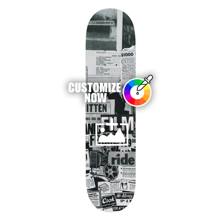 Skateboard-Sticker mit Zeitungsmuster, Schwarz-Weiß-Design. Anpassungsoptionen für Logos und Grafiken.