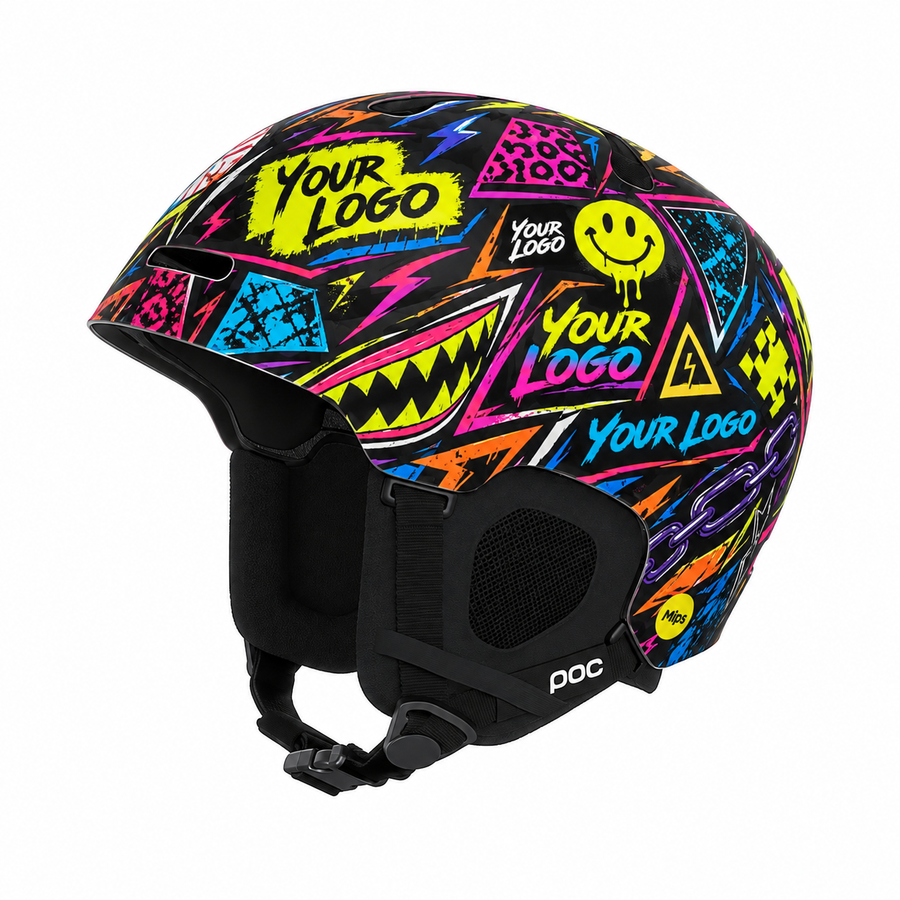 Designvisualisatie: Skihelm-sticker Anti Normal met neonkleurig sticker-bomb-patroon en logoplaatsaanduidingen op een skihelm.
