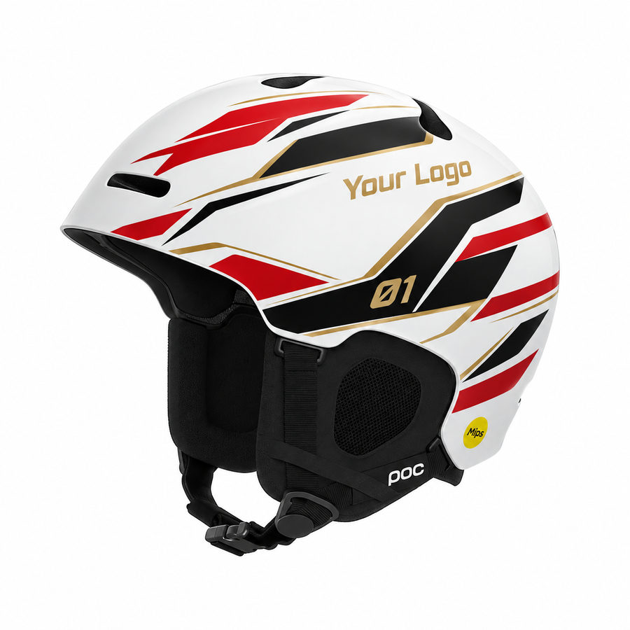 Designvisualisatie: Skihelm-sticker Clean Stripes met rode, zwarte en goudkleurige racestrepen op een witte achtergrond.