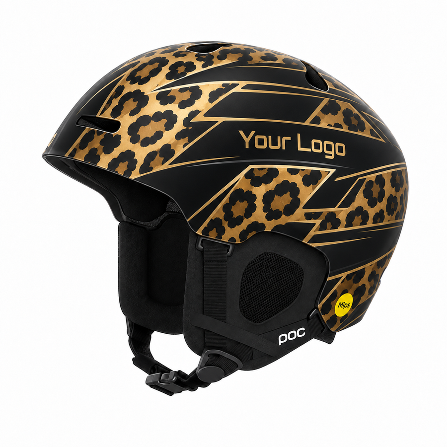 Designvisualisatie: Skihelm-sticker Leopard Racing met goudkleurig luipaardpatroon en zwarte vlakken.