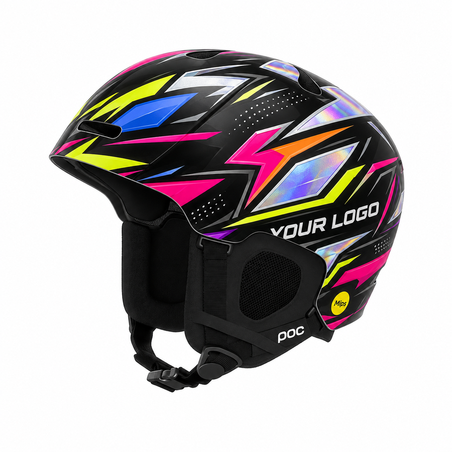 Designvisualisatie: Skihelm-sticker Neon Race met roze, gele en blauwe grafische vlakken op een zwarte achtergrond.