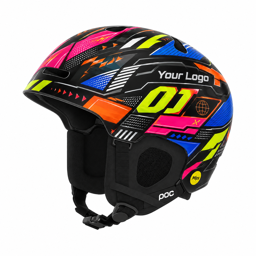 Designvisualisatie: Skihelm-sticker Race Division met kleurrijke race-graphics, nummer 01 en logoplaatshouder.