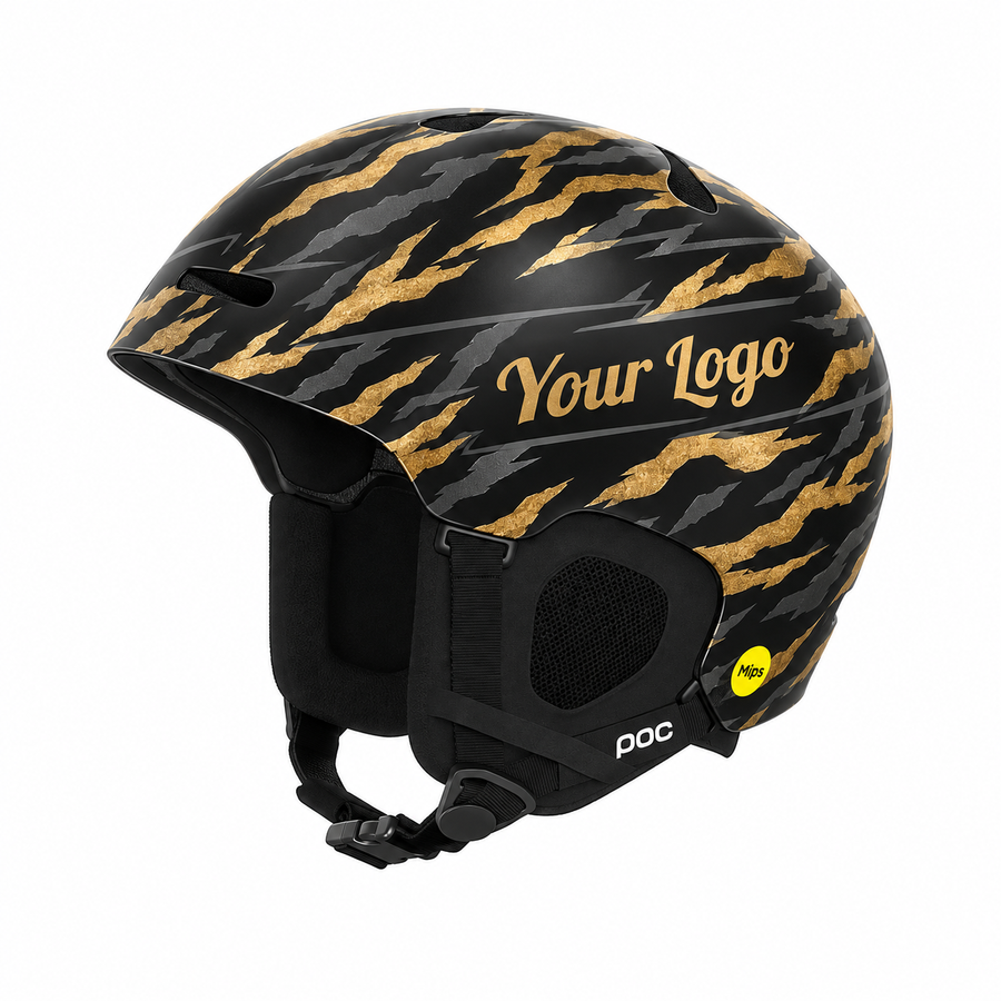 Designvisualisatie: Skihelm-sticker Tiger Lines met goudkleurige en grijze tijgerstrepen op een zwarte achtergrond.