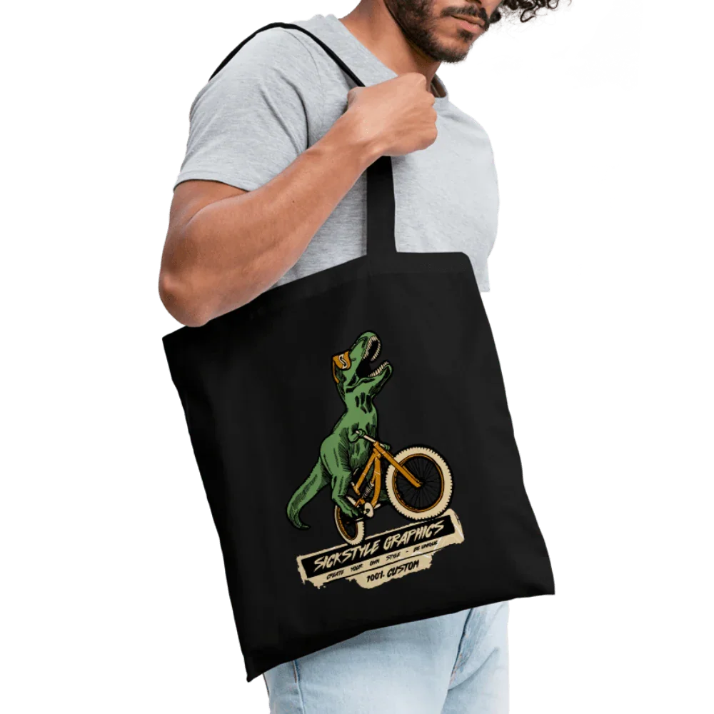Černý bavlněný pytlík s T-Rexem na žlutém kole a logem “Sickstyle Graphics”.