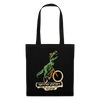 Borsa in tessuto di cotone nero con T-Rex verde su bicicletta gialla e scritta “Sickstyle Graphics”.
