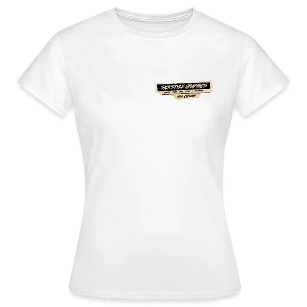 Weißes Damen T-Shirt mit Rundhalsausschnitt und kleinem, rechteckigem “Sickstyle Graphics” Logo auf der Brust.