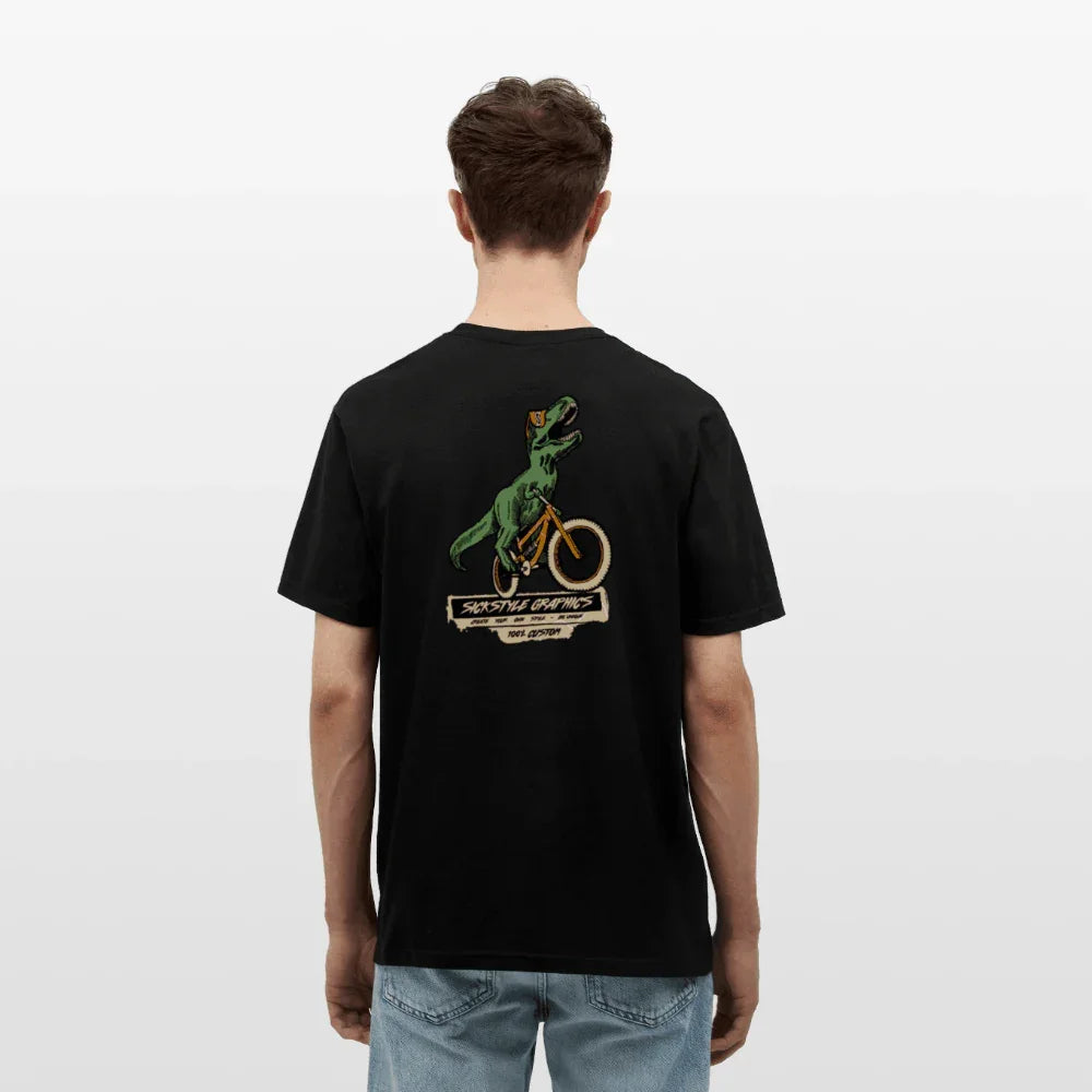 Herren T-Shirt „T-Rex“ in Schwarz, 100% Baumwolle, mit grünem T-Rex auf BMX-Fahrrad Print auf dem Rücken.
