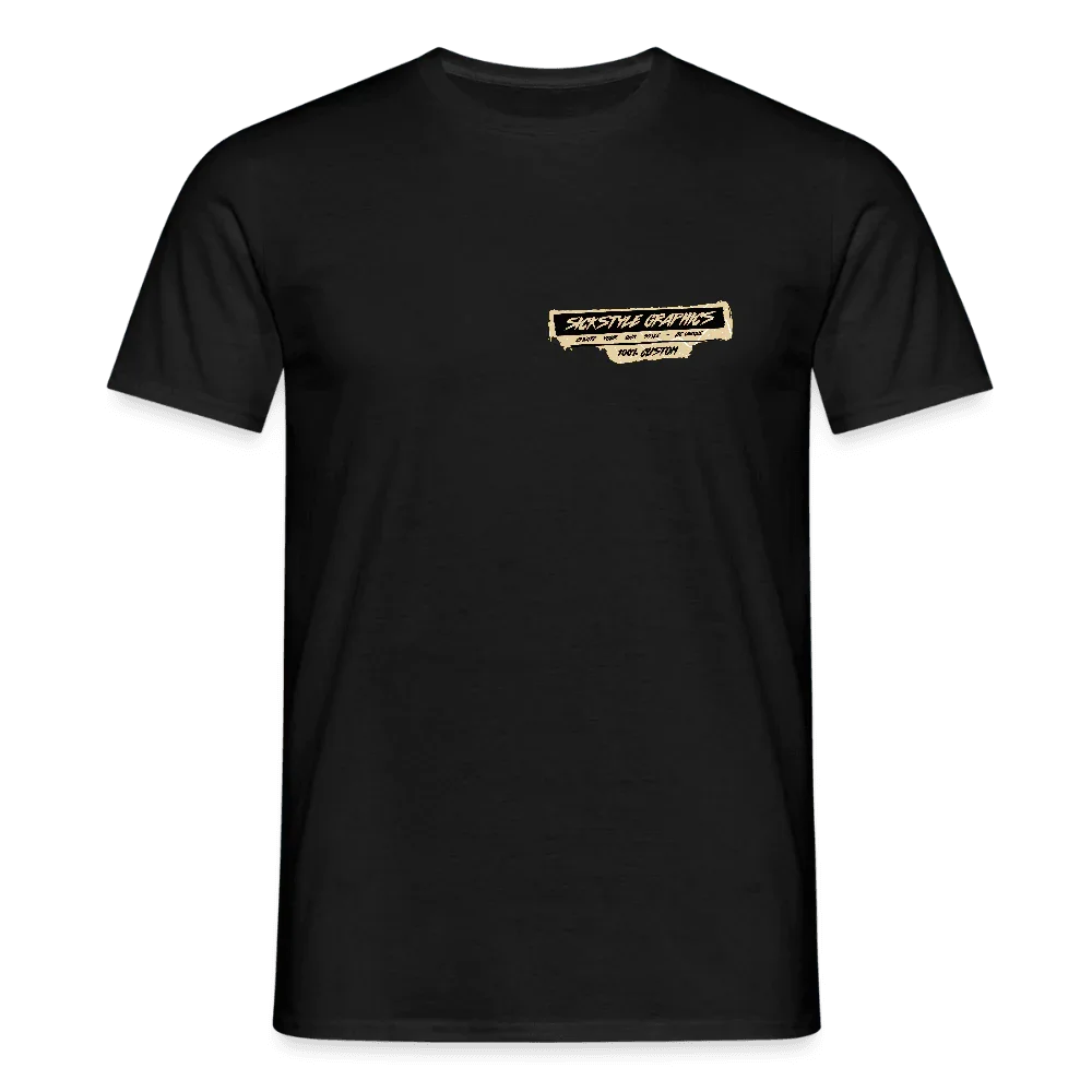 Schwarzes Herren T-Shirt aus Baumwolle mit kleinem, beigem “Sickstyle Graphics” Logo auf der Brust.