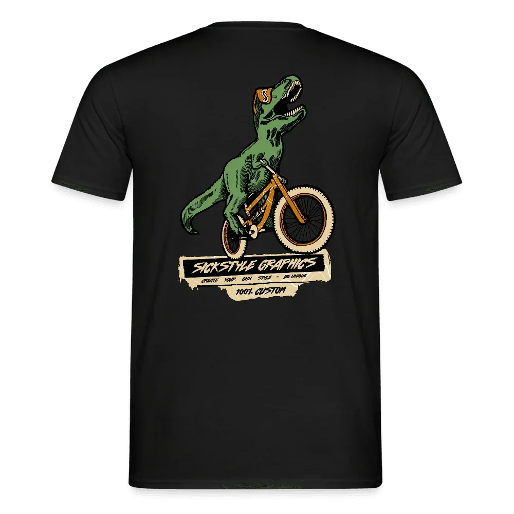 Schwarzes Herren T-Shirt mit grünem T-Rex auf gelbem Fahrrad und “Sickstyle Graphics” Schriftzug.