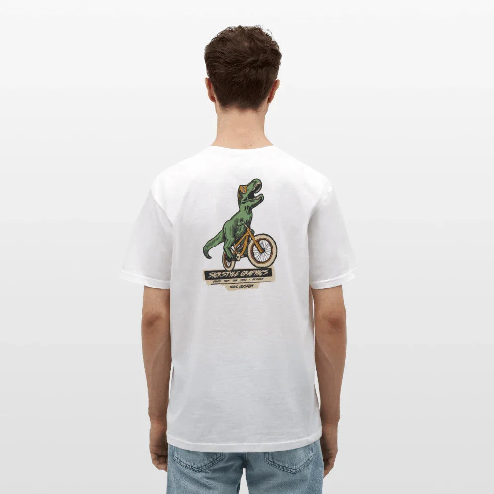 Weißes Herren T-Shirt aus Baumwolle mit T-Rex auf BMX-Fahrrad Print auf dem Rücken.