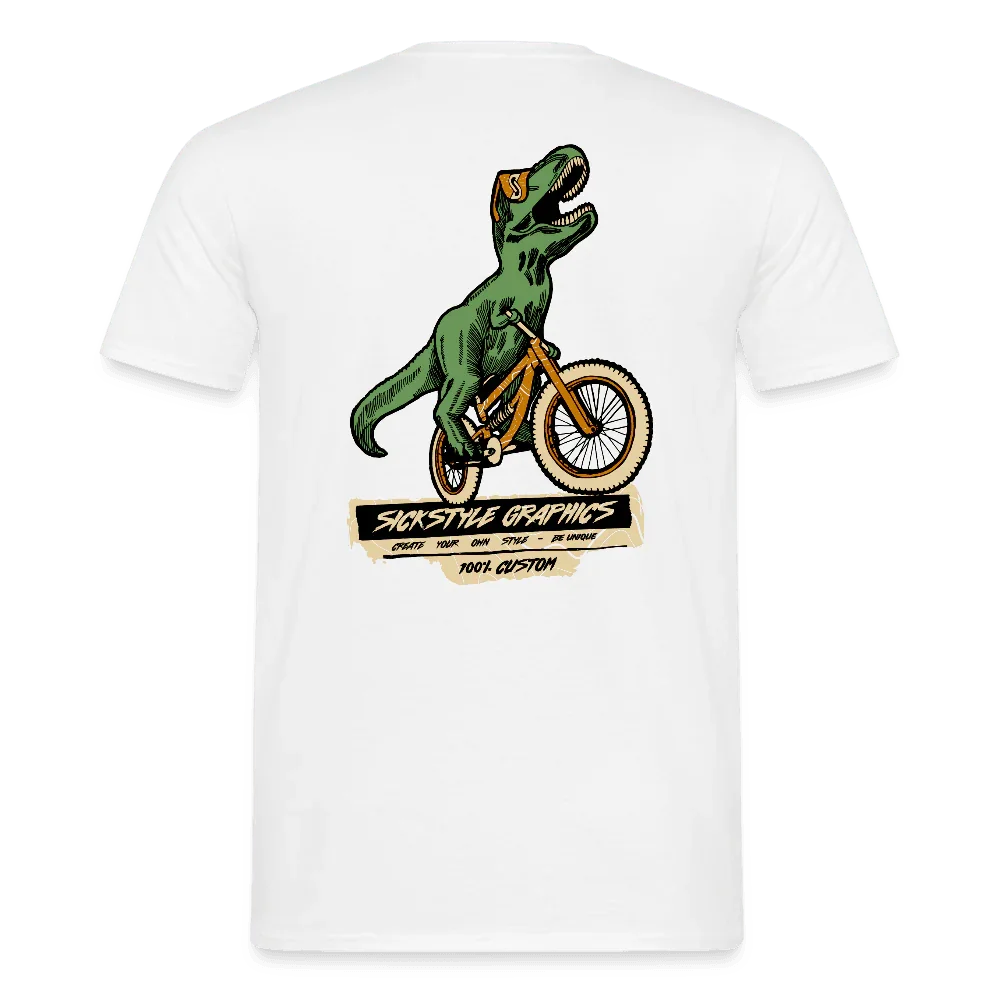 Weißes Herren T-Shirt mit grünem T-Rex auf gelbem Fahrrad und “SICKSTYLE GRAPHICS” Schriftzug.