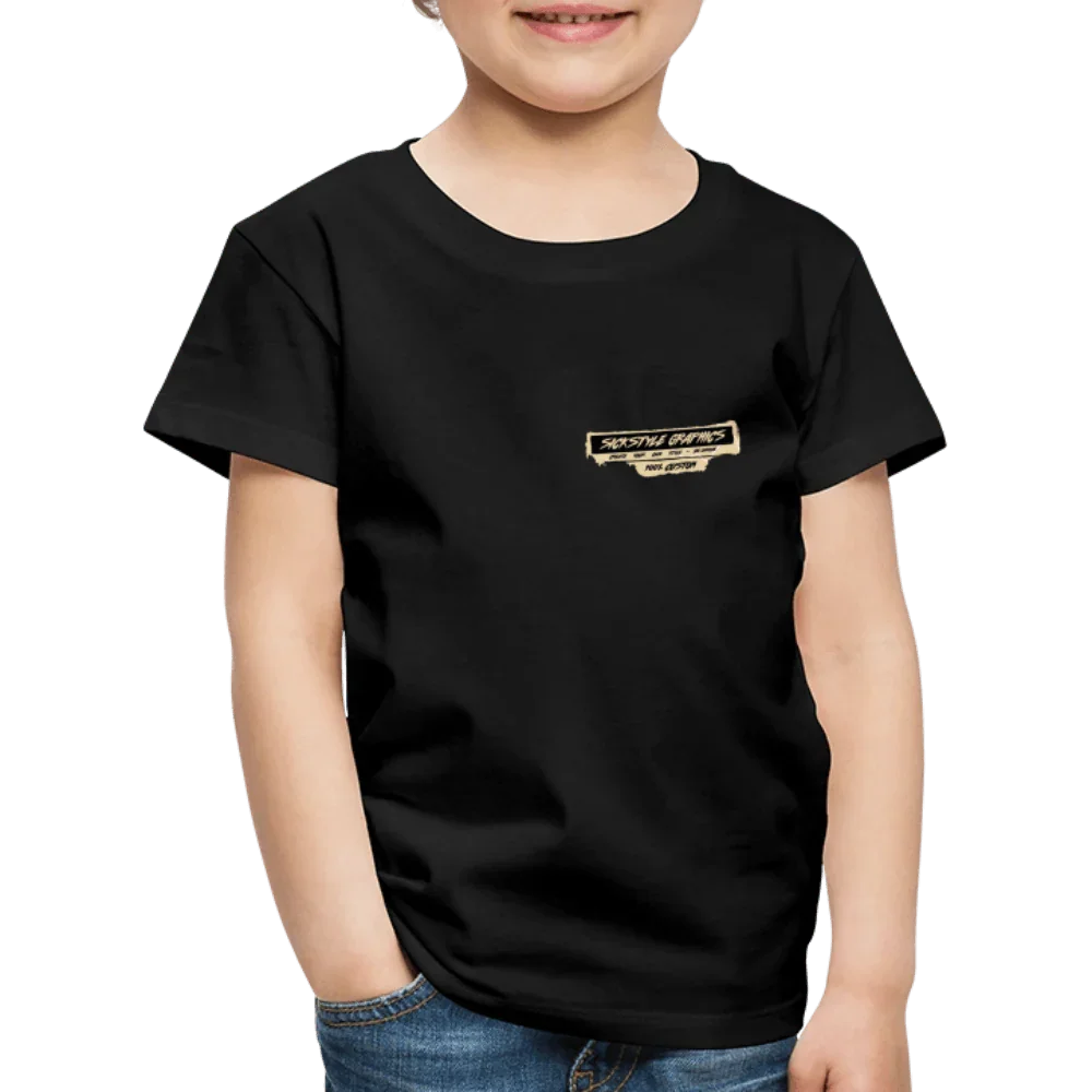 T-shirt nero per bambini con piccolo logo “Sickstyle Graphics” marrone chiaro sul petto.