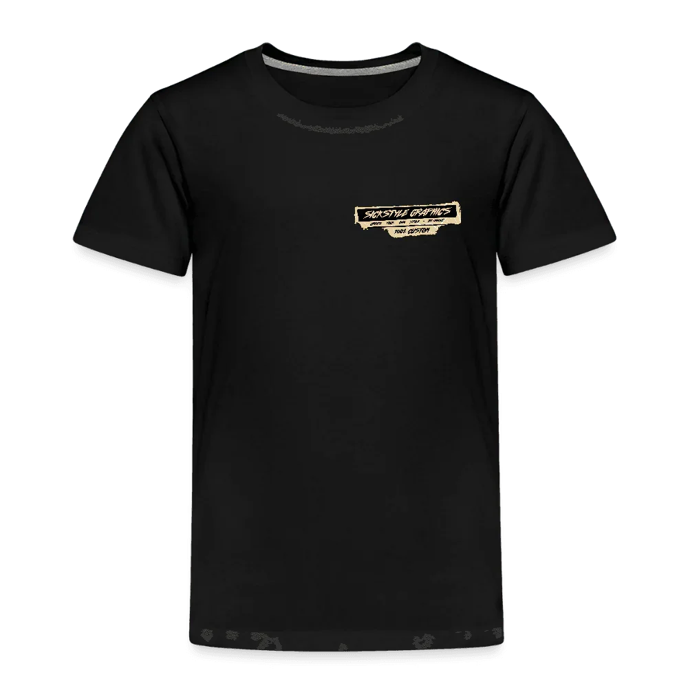T-shirt nera per bambini con logo “Sick-Style Graphics” giallo sul petto.
