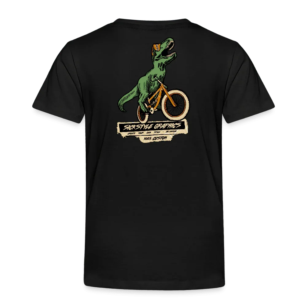 T-shirt nero per bambini con T-Rex verde su BMX giallo e scritta “Sickstyle Graphics”.