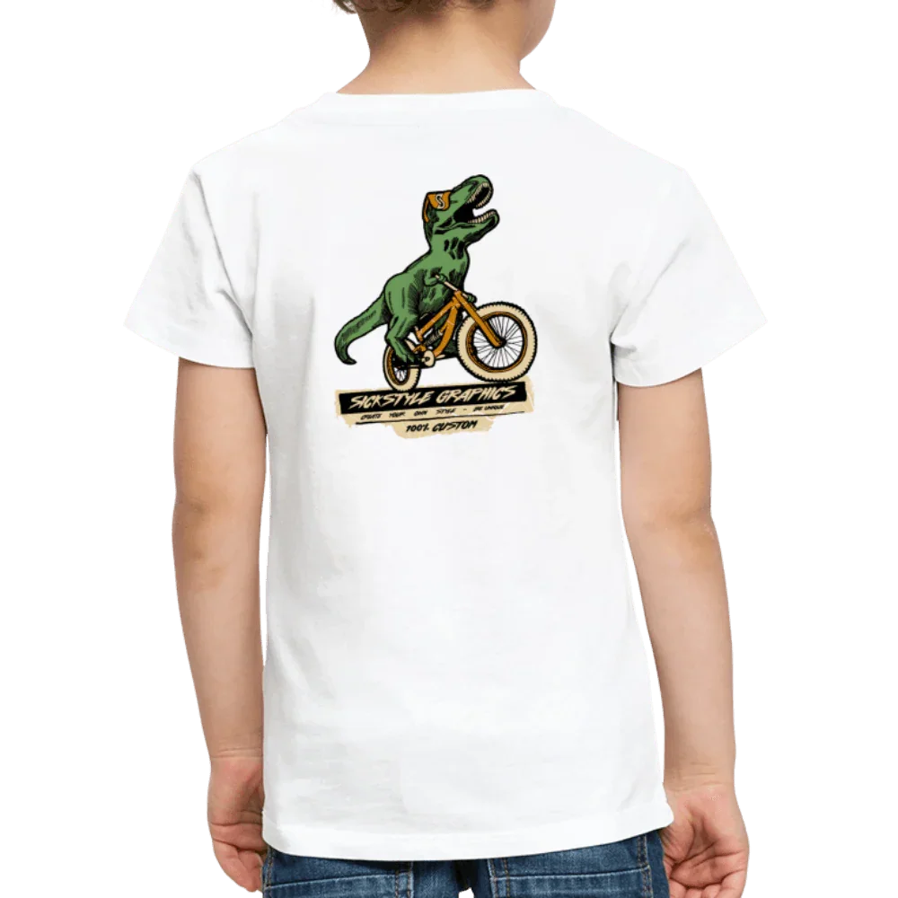 T-shirt bianco per bambini con T-Rex verde su bicicletta arancione e stampa “Sickstyle Graphics”.