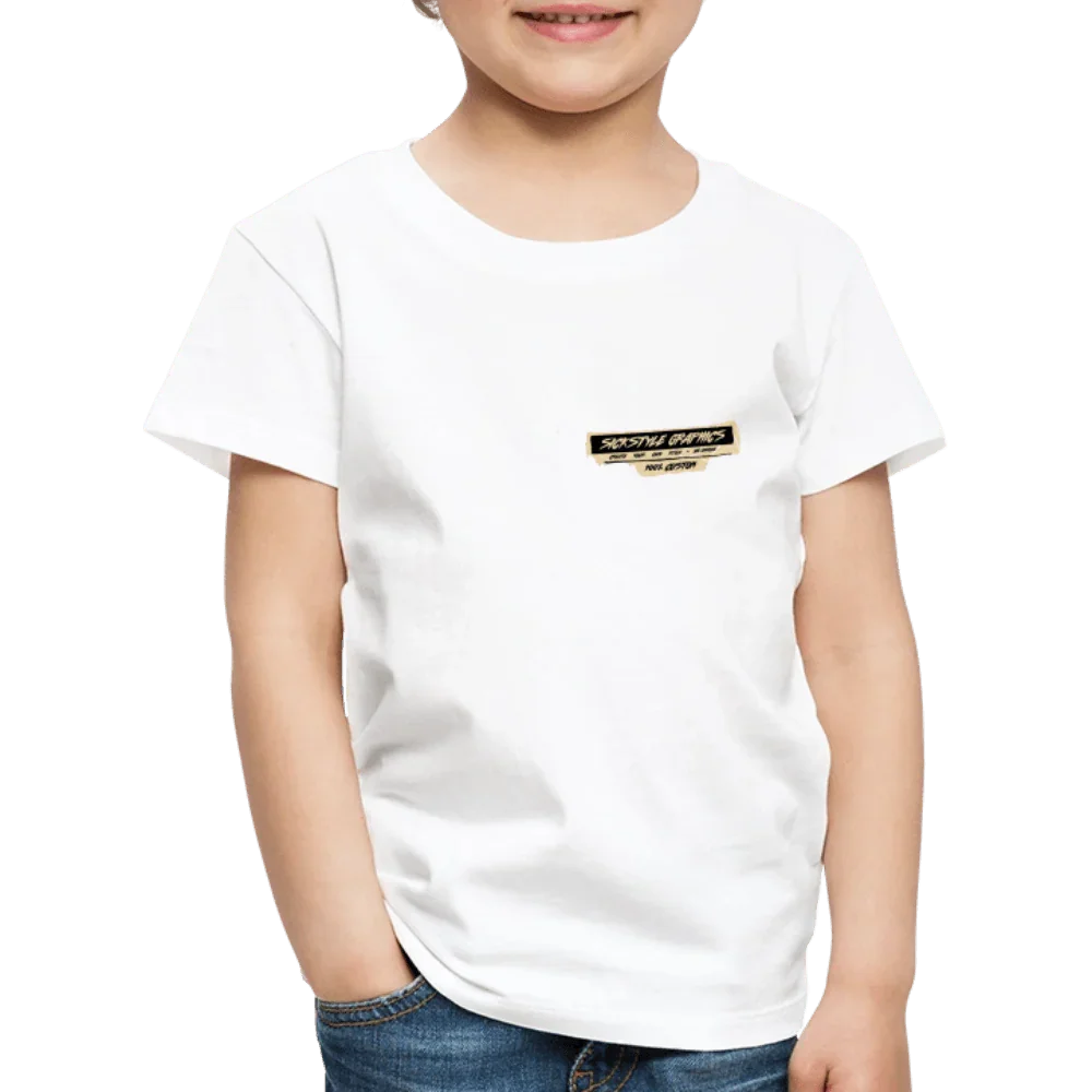 T-shirt bianca per bambini in cotone con piccolo logo rettangolare “Sickstyle Graphics” sul petto.