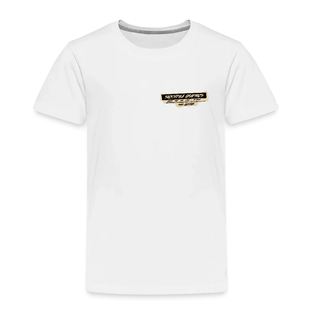T-shirt bianco per bambini con piccolo logo “Sickstyle Graphics” nero sul petto.