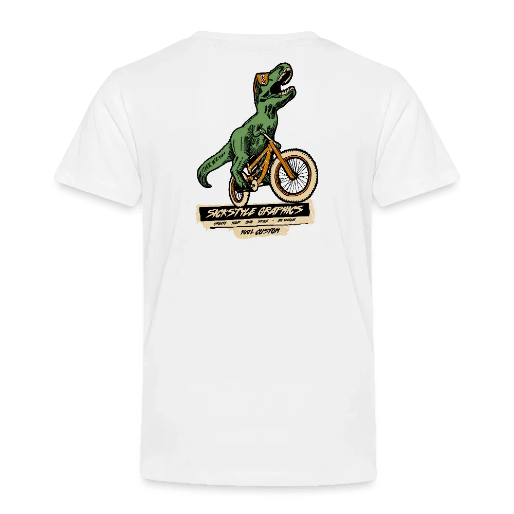 T-shirt bianco per bambini con T-Rex verde su bicicletta gialla e stampa “Sick Style Graphics”.