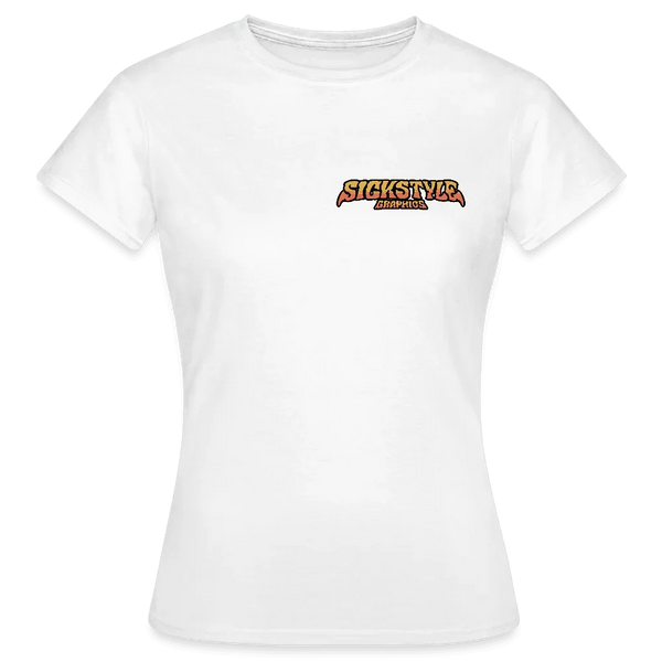 Weißes Damen T-Shirt mit kleinem, orange-rotem “SICKSTYLE GRAPHICS” Logo auf der Brust.